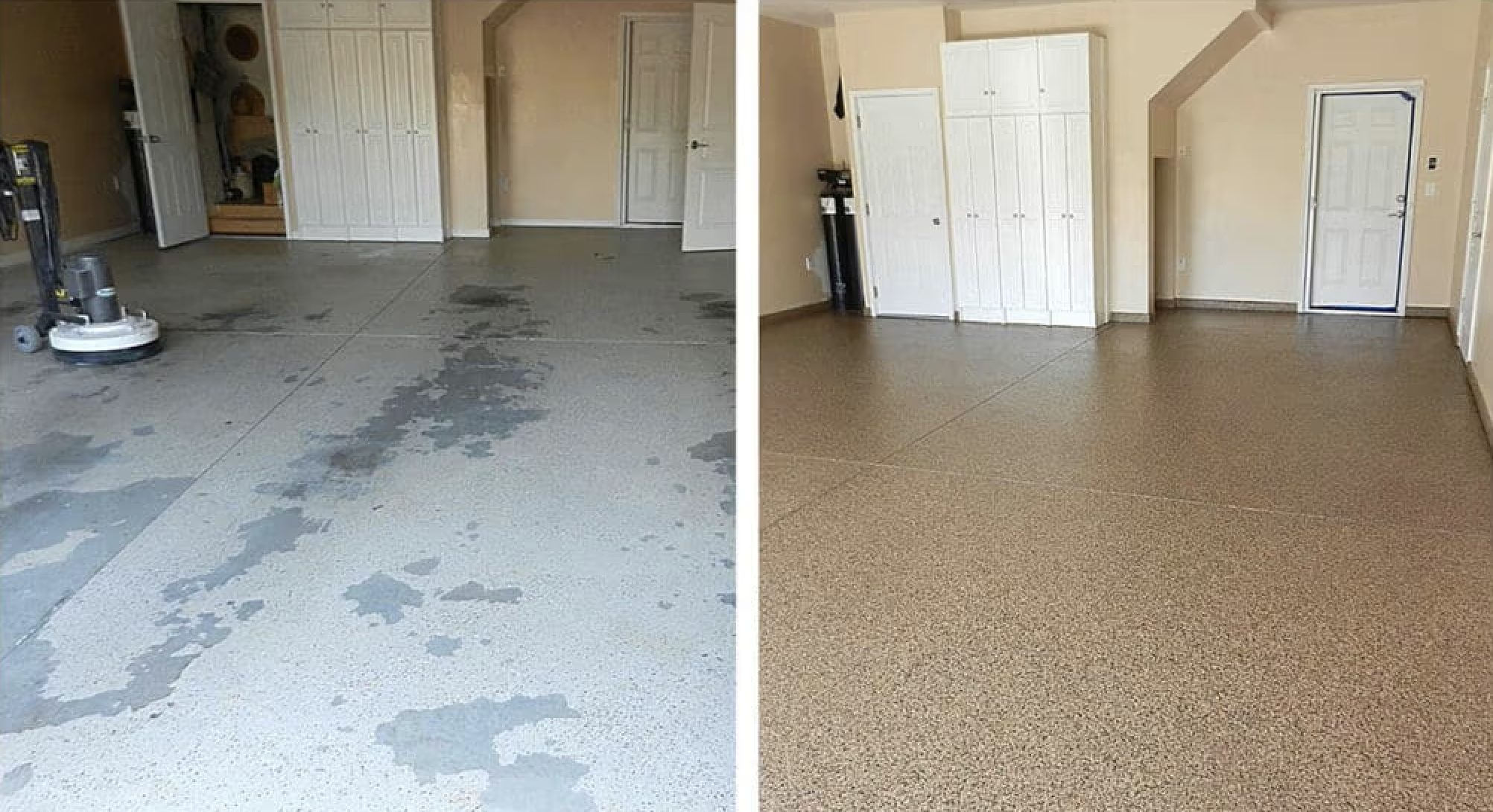 Before and after of a stained garage slab transformed with a flake coating
